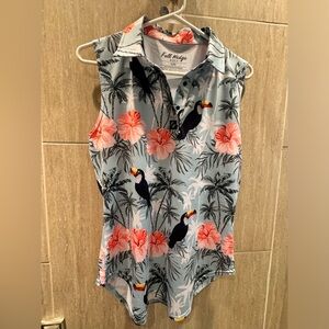 Full wedge golf womens blue polo tank with flowers and toucans